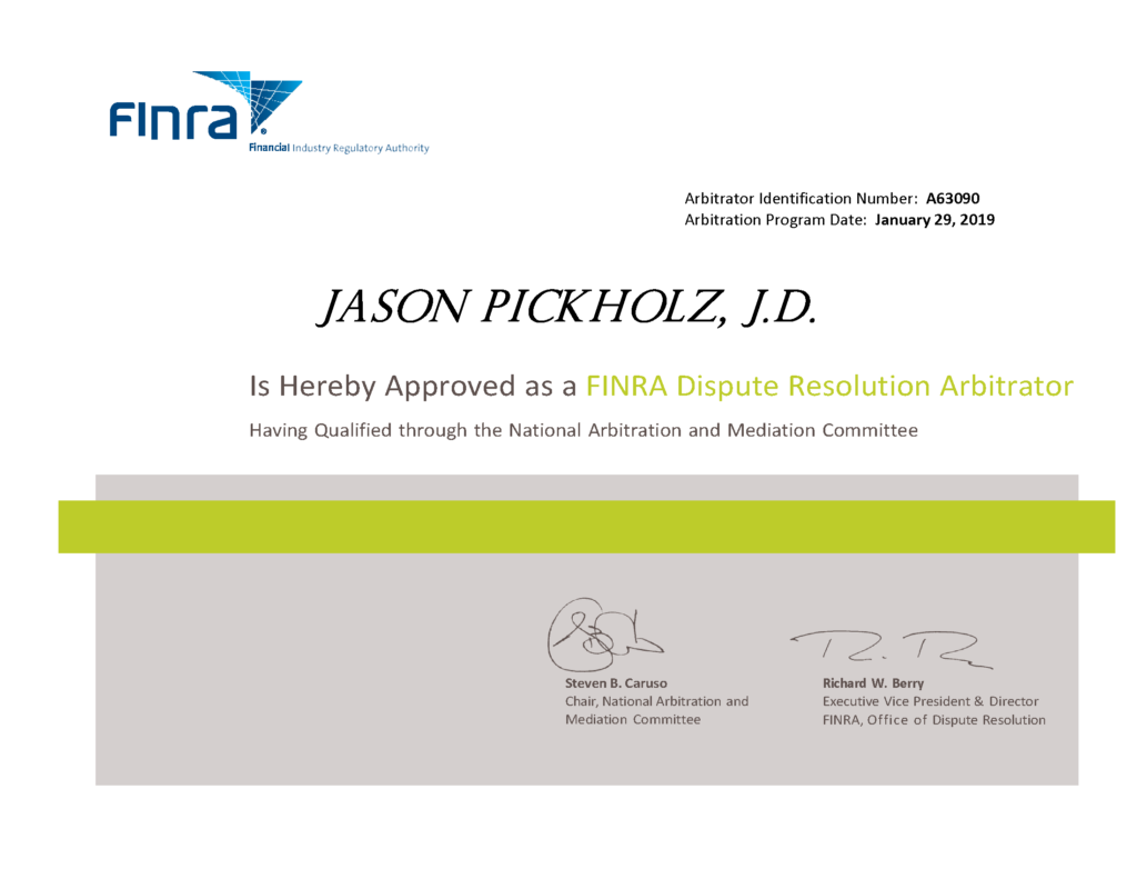 Jason Pickholz FINRA arbitrator certificate