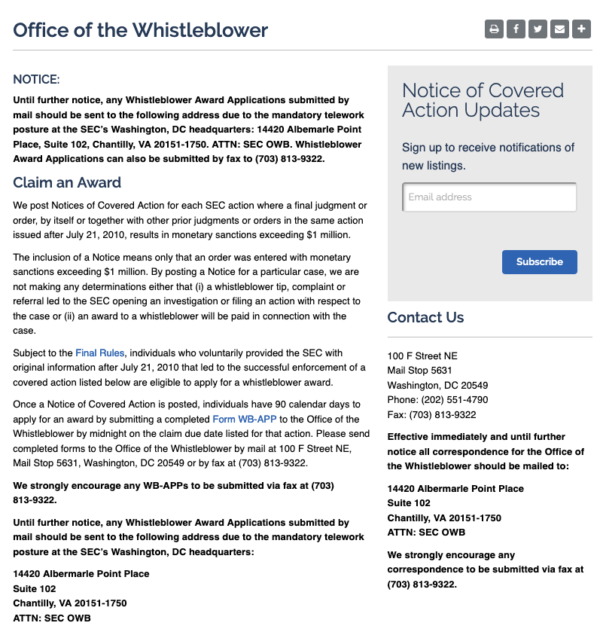 SEC changes whistleblower processes COVID 19